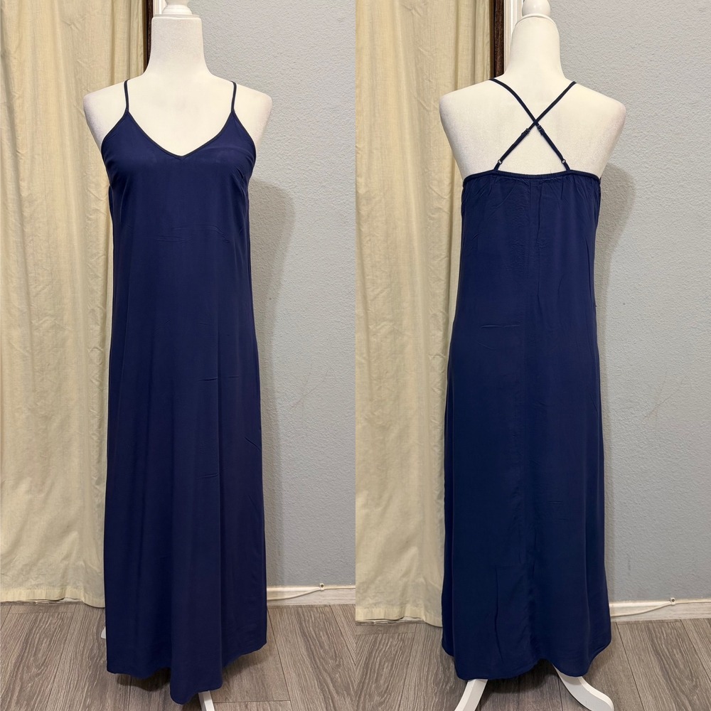 Old Navy Maxi Dress Size S Navy Blue Rayon Cami V-Neck Cross Back Summer Coastal